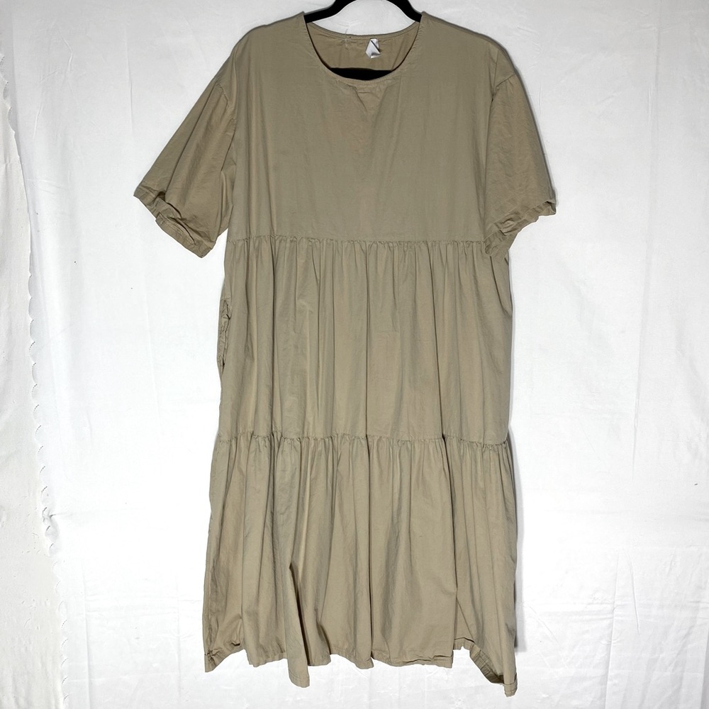OAK + FORT Oversized Tan Beige Cotton Tiered Short Sleeve Midi Dress S